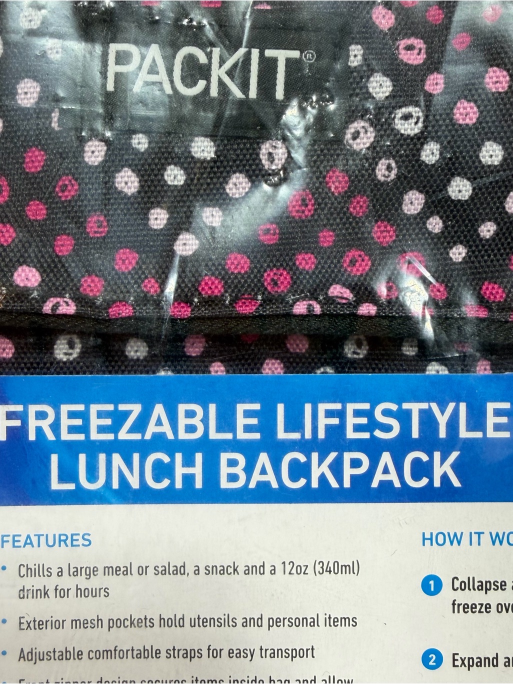 Packit Freezable Lunch Bag Backpack Cooler Black Pink Polka Dots Pba Pvc Free — image 3 of 8